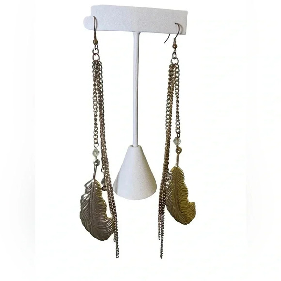 NWT 5.5” Dangle Drop Feather Two-tones Gold Earrings Long Boho Festival - Picture 3 of 6